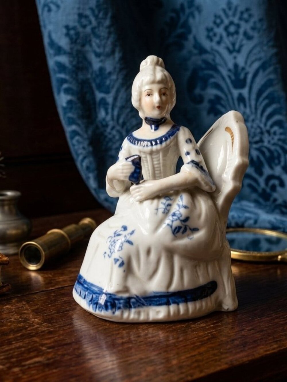 Vintage KPM Blue and White Porcelain Figurine - Seated Victorian Lady with Gilt